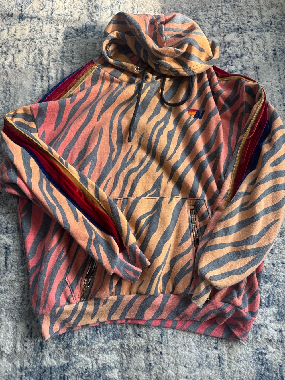 Aviator Nation Peach and Gray Zebra-Stripe Crewneck Hoodie